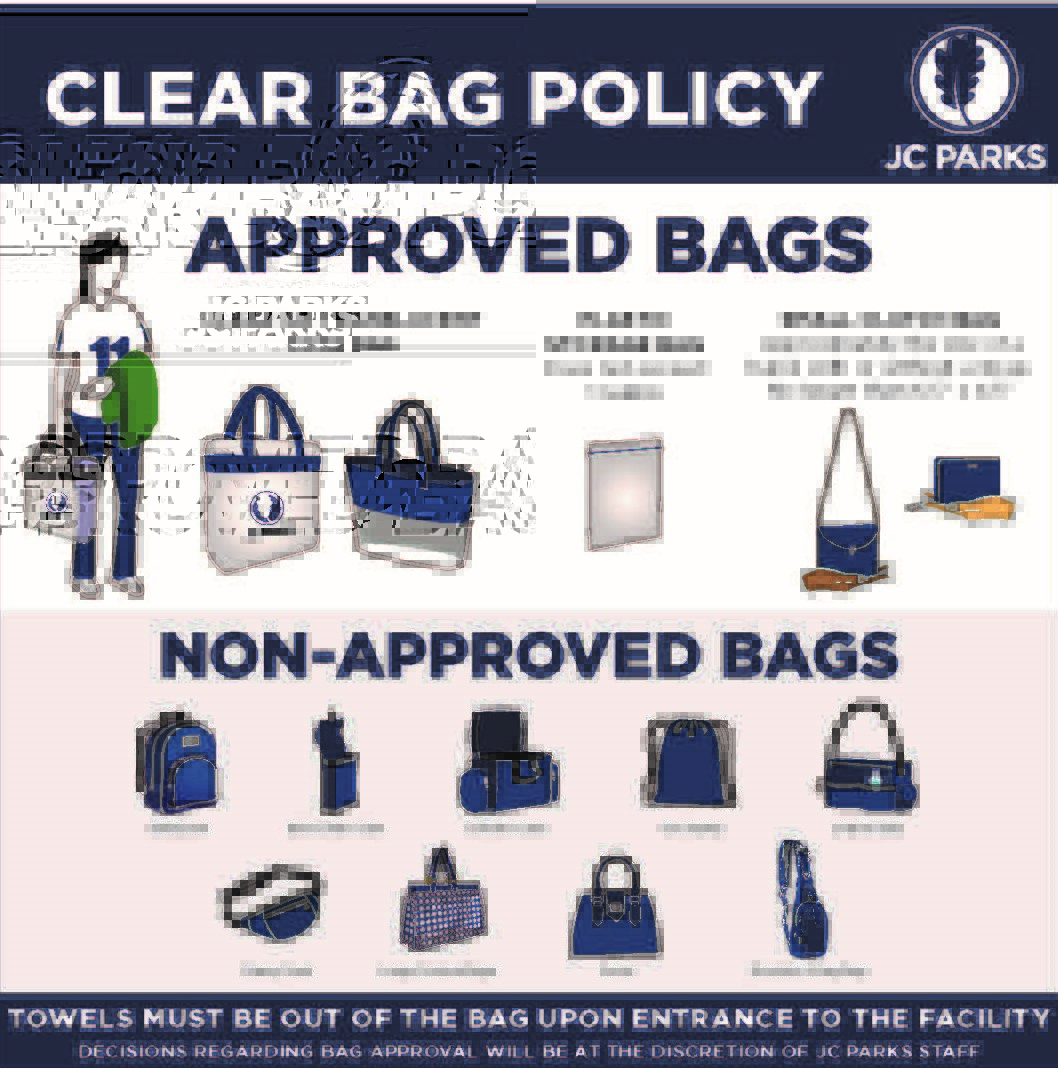 Clear Bag Policy for JC Parks and Recreation outlines approved bags that can be used during public swim.